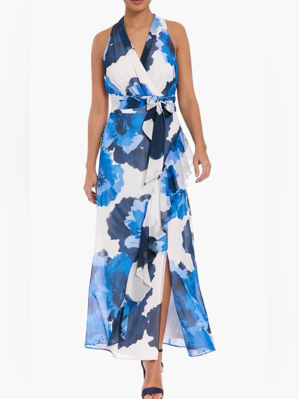 Maggy London Blue & Navy Floral Halter Wrap Maxi Dress